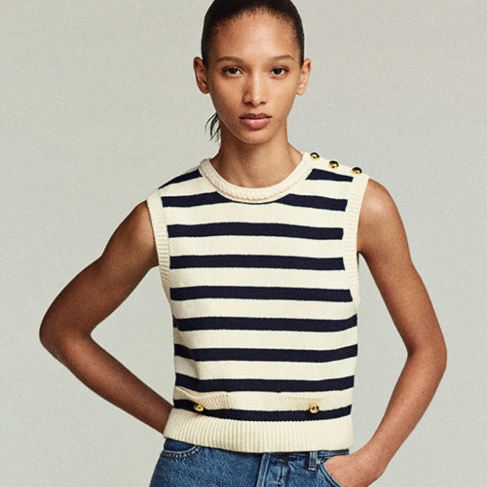 Frame The Harbor Vest Stripped Sleeveless Knit Top - Navy and Cream size XS - Picture 4 of 14